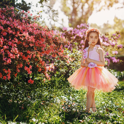 Sunset Coral Peony Fairy Tutu Dress I Pink Peach Flower Girl I Summer Evening Glow Princess Dress