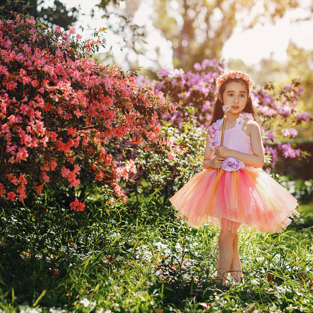 Sunset Coral Peony Fairy Tutu Dress I Pink Peach Flower Girl I Summer Evening Glow Princess Dress