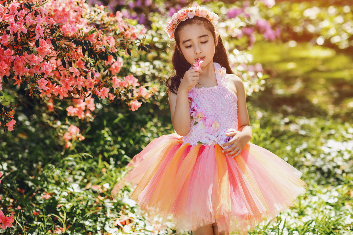 Sunset Coral Peony Fairy Tutu Dress I Pink Peach Flower Girl I Summer Evening Glow Princess Dress