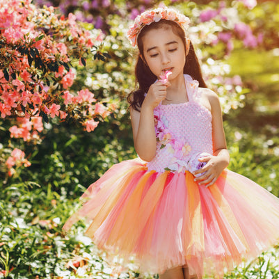 Sunset Coral Peony Fairy Tutu Dress I Pink Peach Flower Girl I Summer Evening Glow Princess Dress