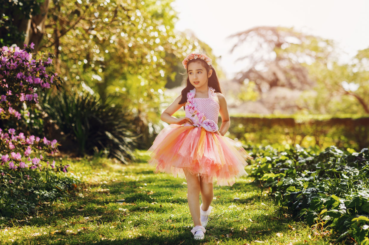 Sunset Coral Peony Fairy Tutu Dress I Pink Peach Flower Girl I Summer Evening Glow Princess Dress