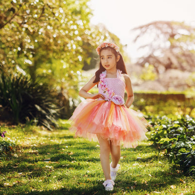 Sunset Coral Peony Fairy Tutu Dress I Pink Peach Flower Girl I Summer Evening Glow Princess Dress
