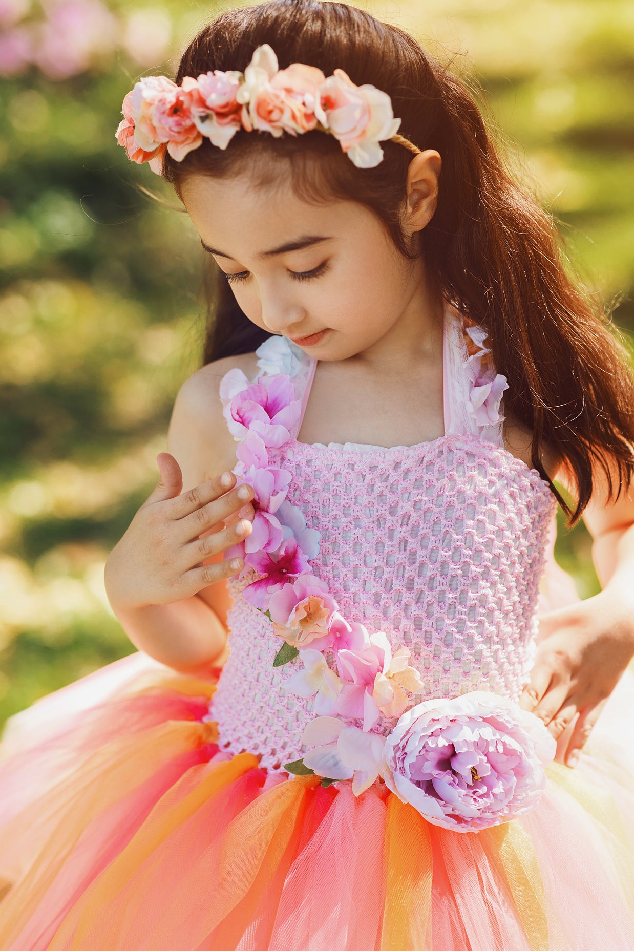 Sunset Coral Peony Fairy Tutu Dress I Pink Peach Flower Girl I Summer Evening Glow Princess Dress