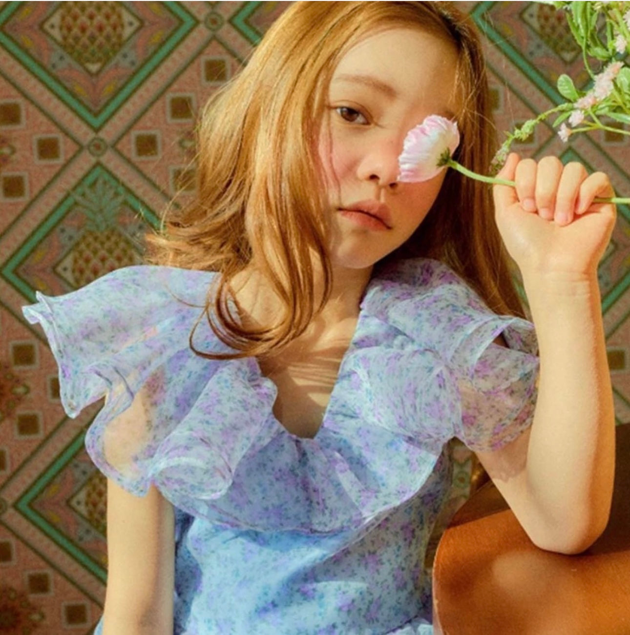 Floral blue ruffles sleeves girls birthday dress