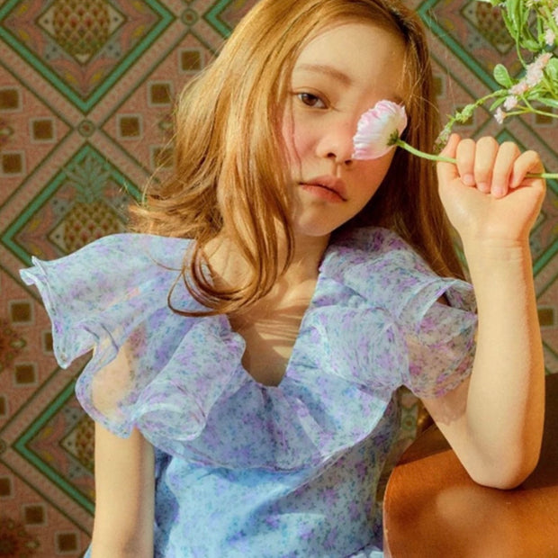 Floral blue ruffles sleeves girls birthday dress