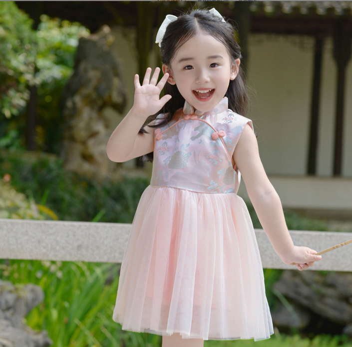 Six palaces beauty sleeveless Qipao girls dress, Pink modern Chinese outfits