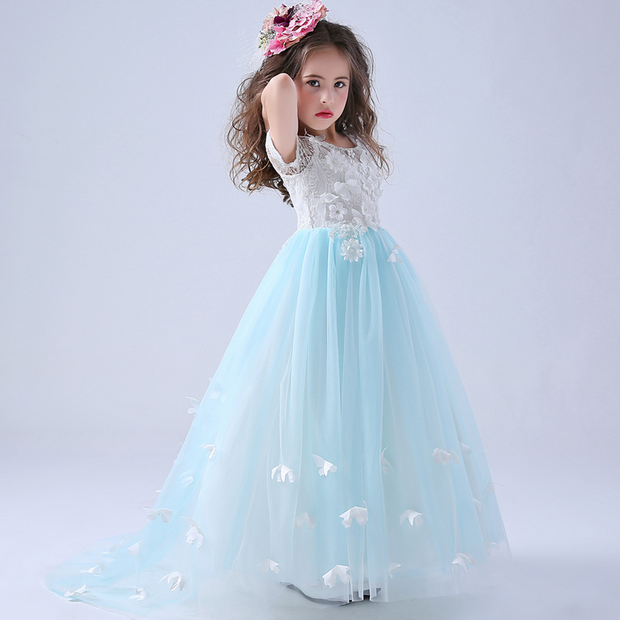 3D white butterflies embroidery blue tulles gown dress