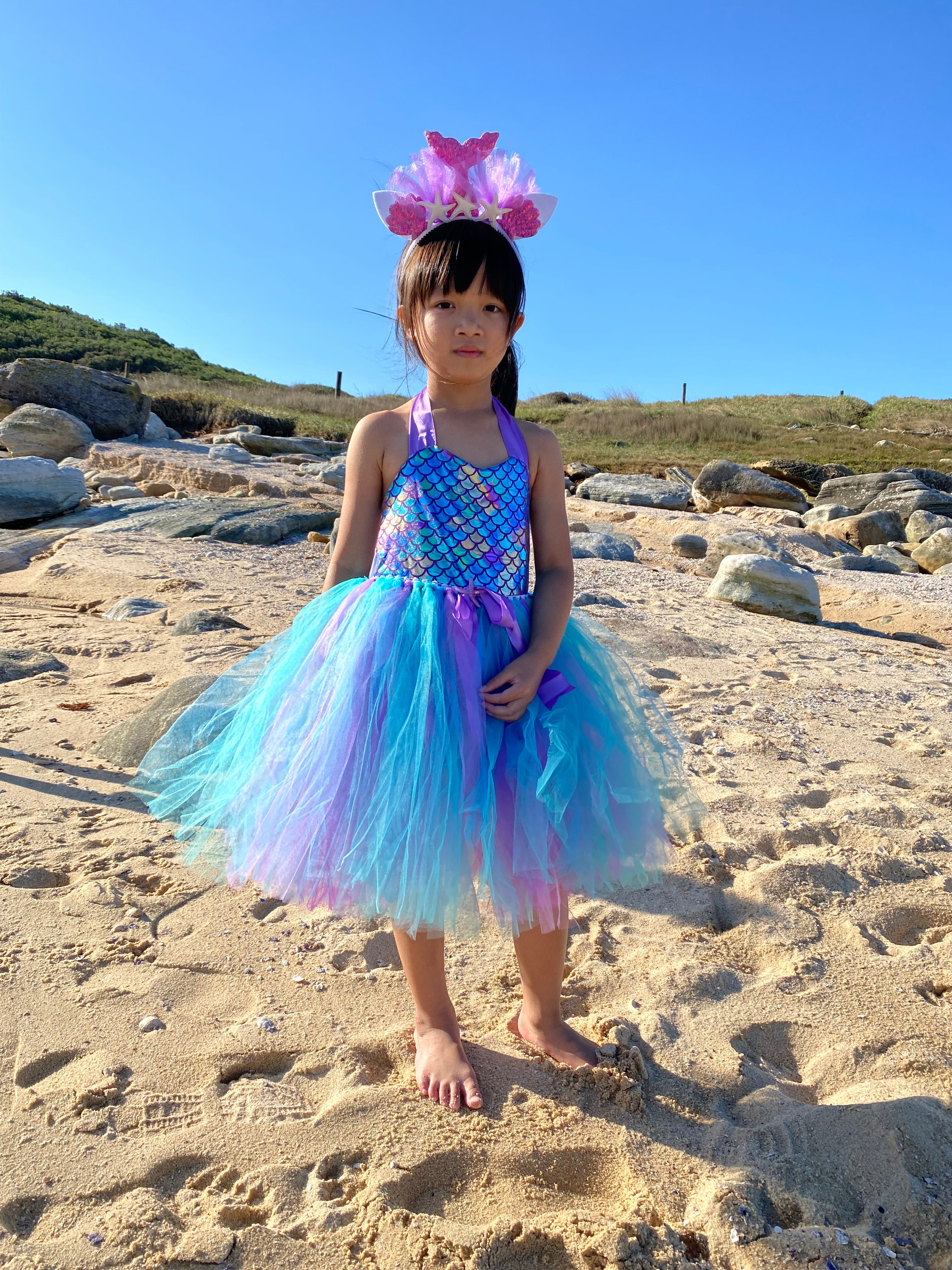 Purple Fish Scale Mermaid Tutu Dress with Turquoise Skirt – Sea Party Outfit Set for Baby Birthday