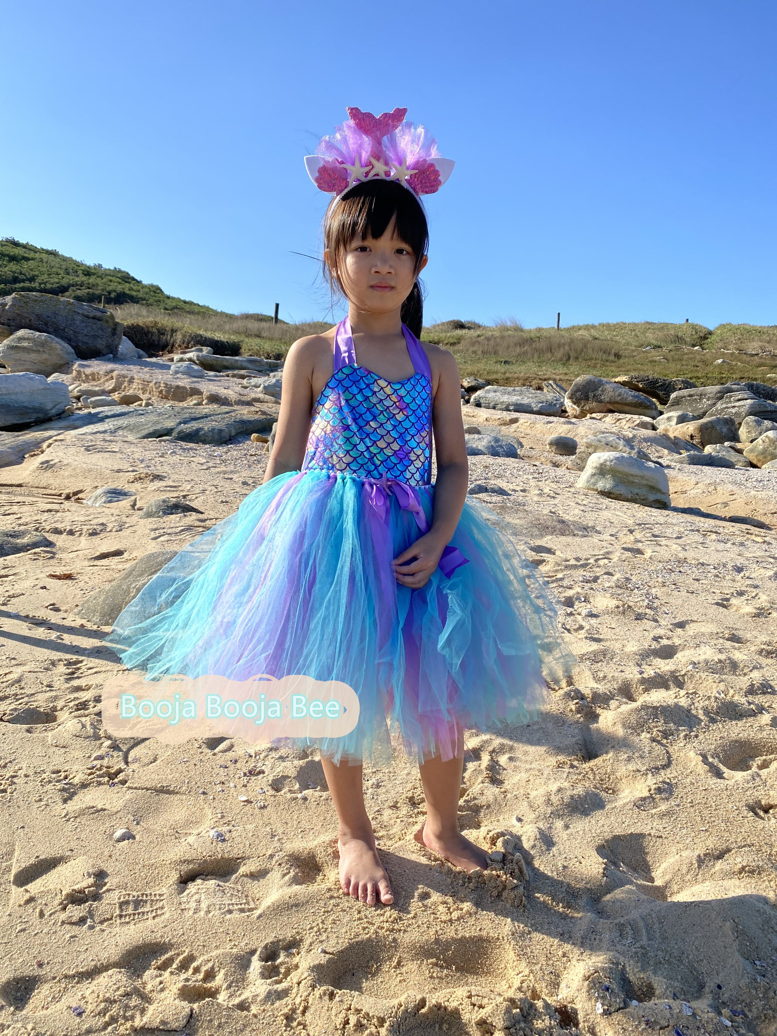 Purple Fish Scale Mermaid Tutu Dress, Sea Party Set for Baby Birthday