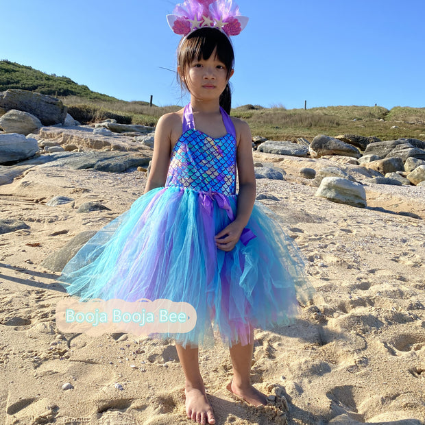 Purple Fish Scale Mermaid Tutu Dress, Sea Party Set for Baby Birthday