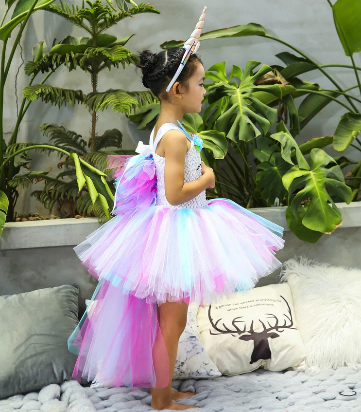 Unicorn fancy high low style tutu dress, Pastel colour girls party outfits set