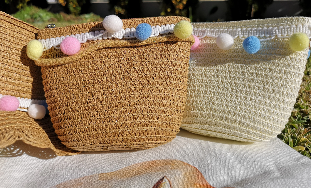 Braided raffia straw wicker kids sun hat and shoulder bags (1 sets)