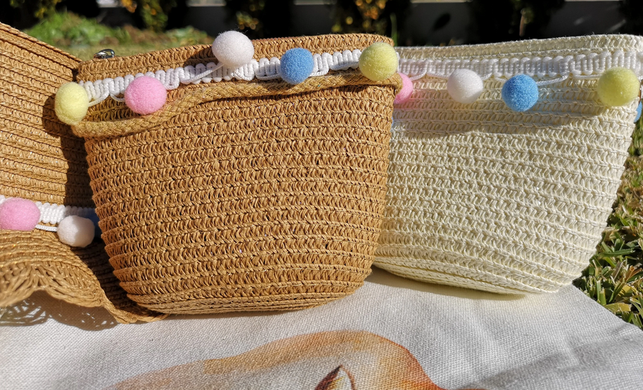 Braided raffia straw wicker kids sun hat and shoulder bags (1 sets)
