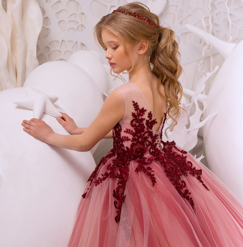 Flower Girl Dress, Flower embroidery gown dress, Princess lace gown dress, tulle dress