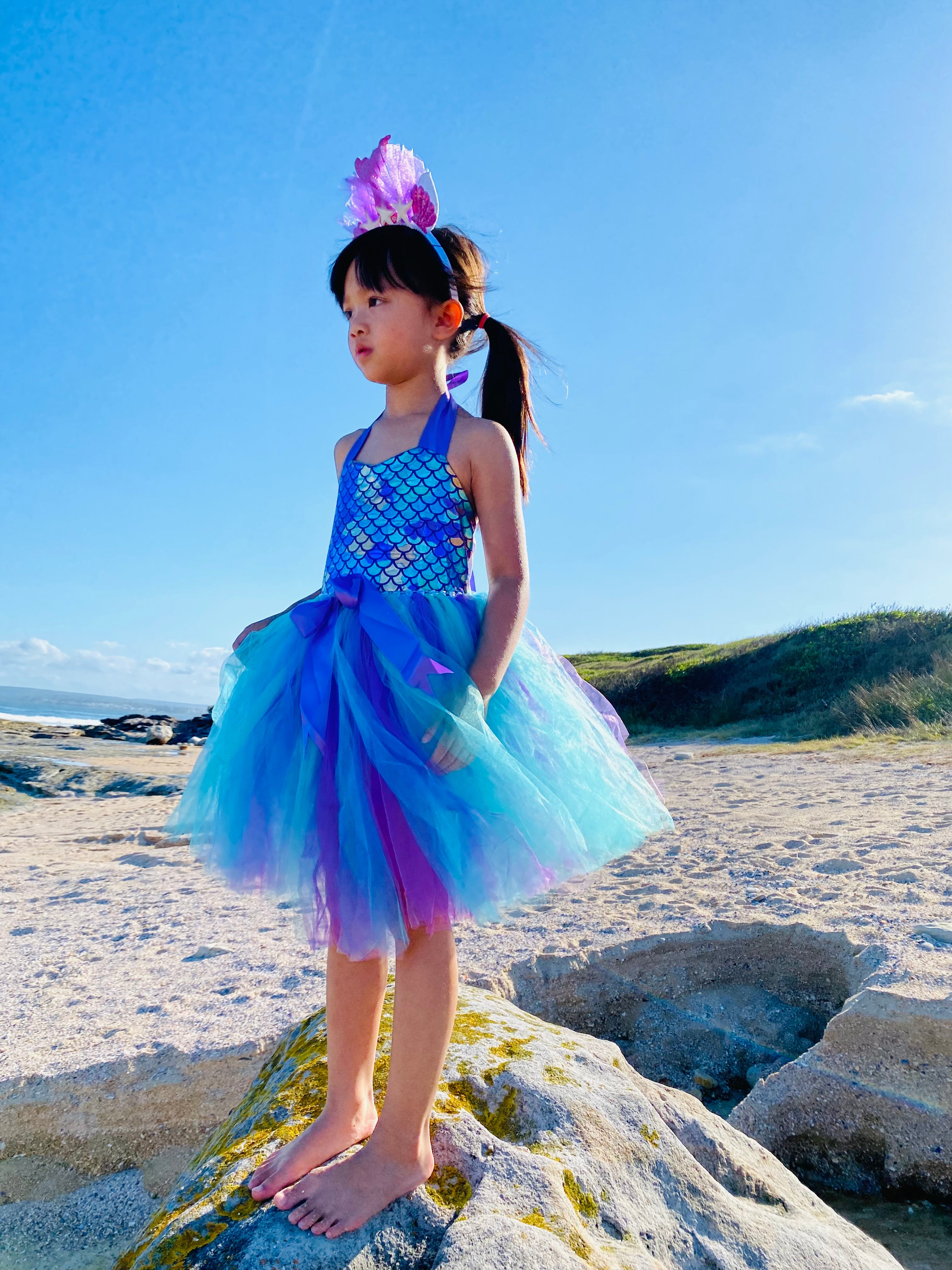 Purple Fish Scale Mermaid Tutu Dress with Turquoise Skirt – Sea Party Outfit Set for Baby Birthday