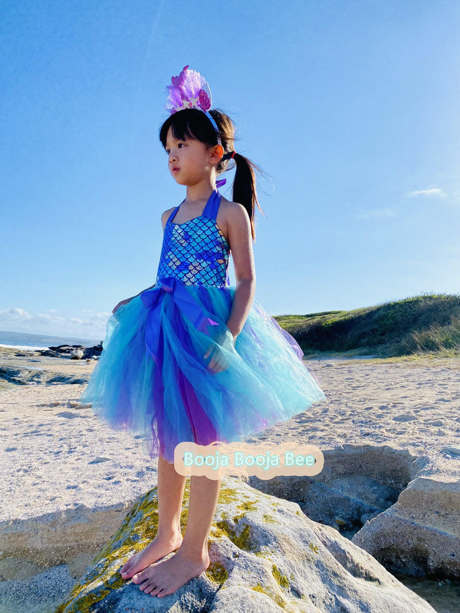 Purple Fish Scale Mermaid Tutu Dress, Sea Party Set for Baby Birthday