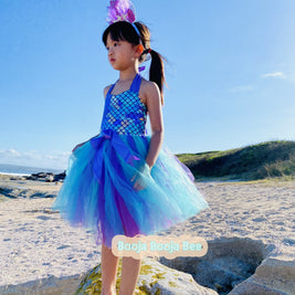 Purple Fish Scale Mermaid Tutu Dress, Sea Party Set for Baby Birthday