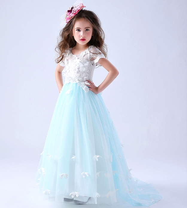 3D white butterflies embroidery blue tulles gown dress