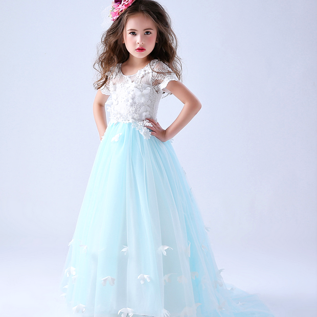 3D white butterflies embroidery blue tulles gown dress