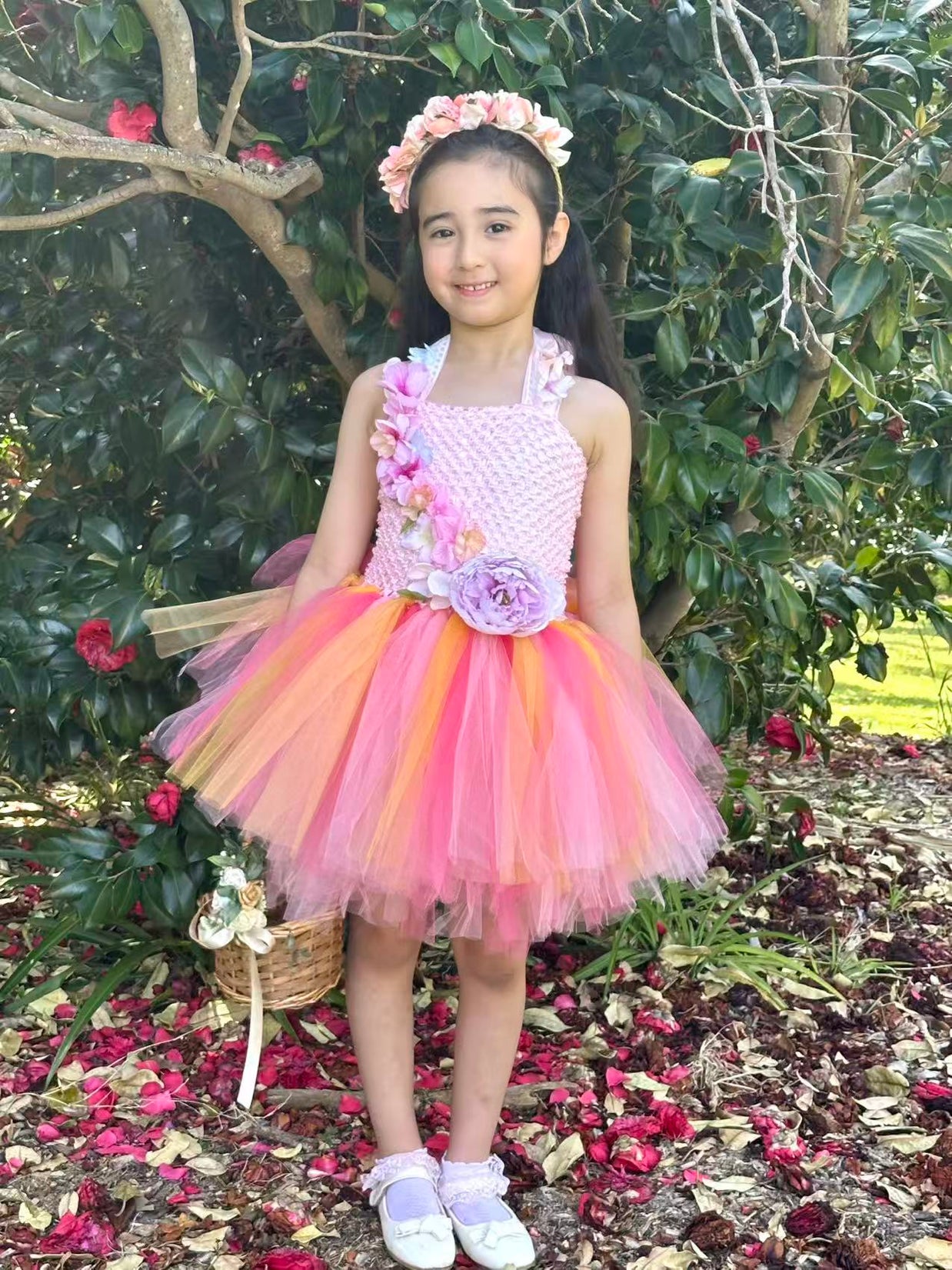 Sunset Coral Peony Fairy Tutu Dress I Pink Peach Flower Girl I Summer Evening Glow Princess Dress