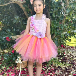 Sunset Coral Peony Fairy Tutu Dress I Pink Peach Flower Girl I Summer Evening Glow Princess Dress
