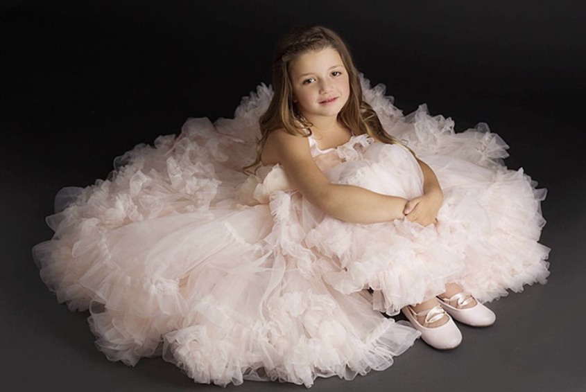 Ruffled fluffy V-neck blush pink girl gown dress, Princess birthday pageant dress
