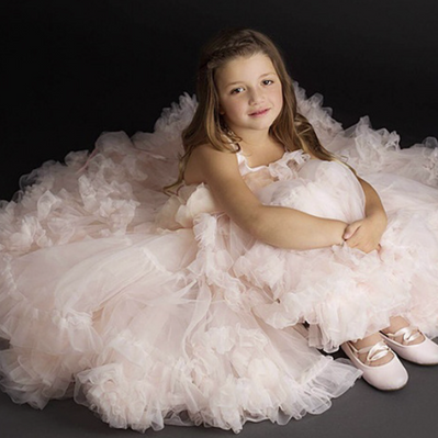 Ruffled fluffy V-neck blush pink girl gown dress, Princess birthday pageant dress