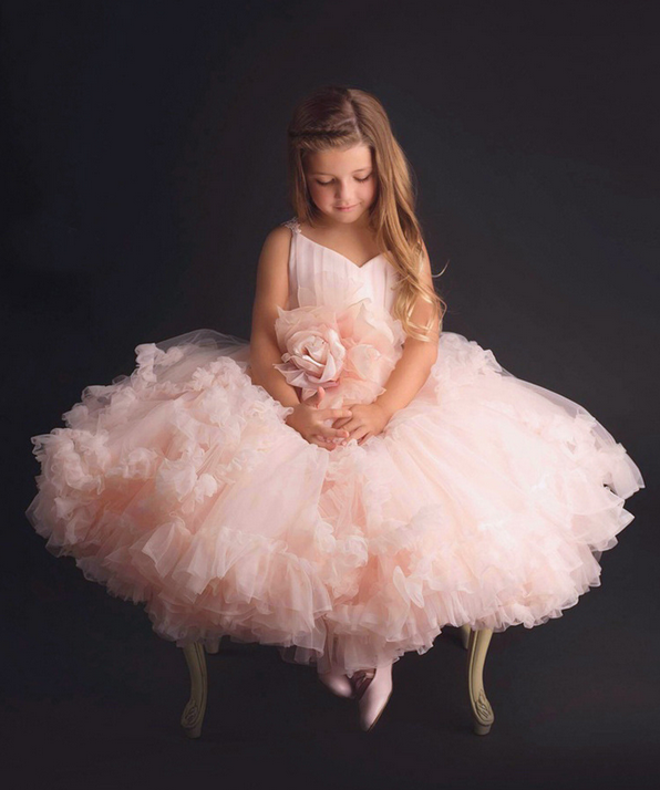Ruffled fluffy V-neck blush pink girl gown dress, Princess birthday pageant dress
