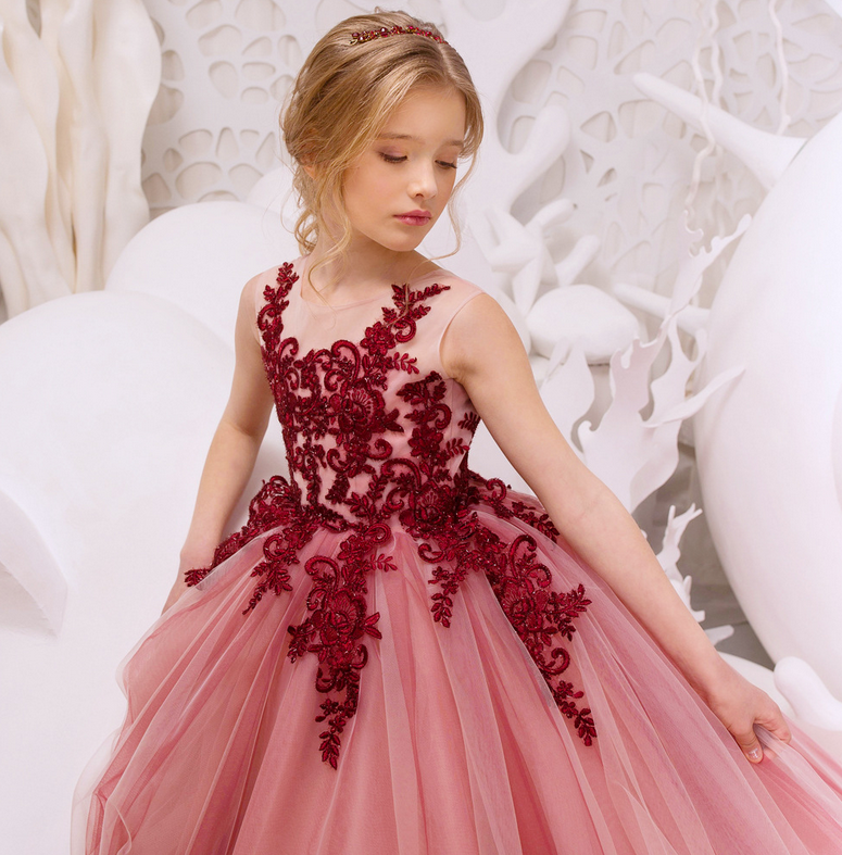Flower Girl Dress, Flower embroidery gown dress, Princess lace gown dress, tulle dress