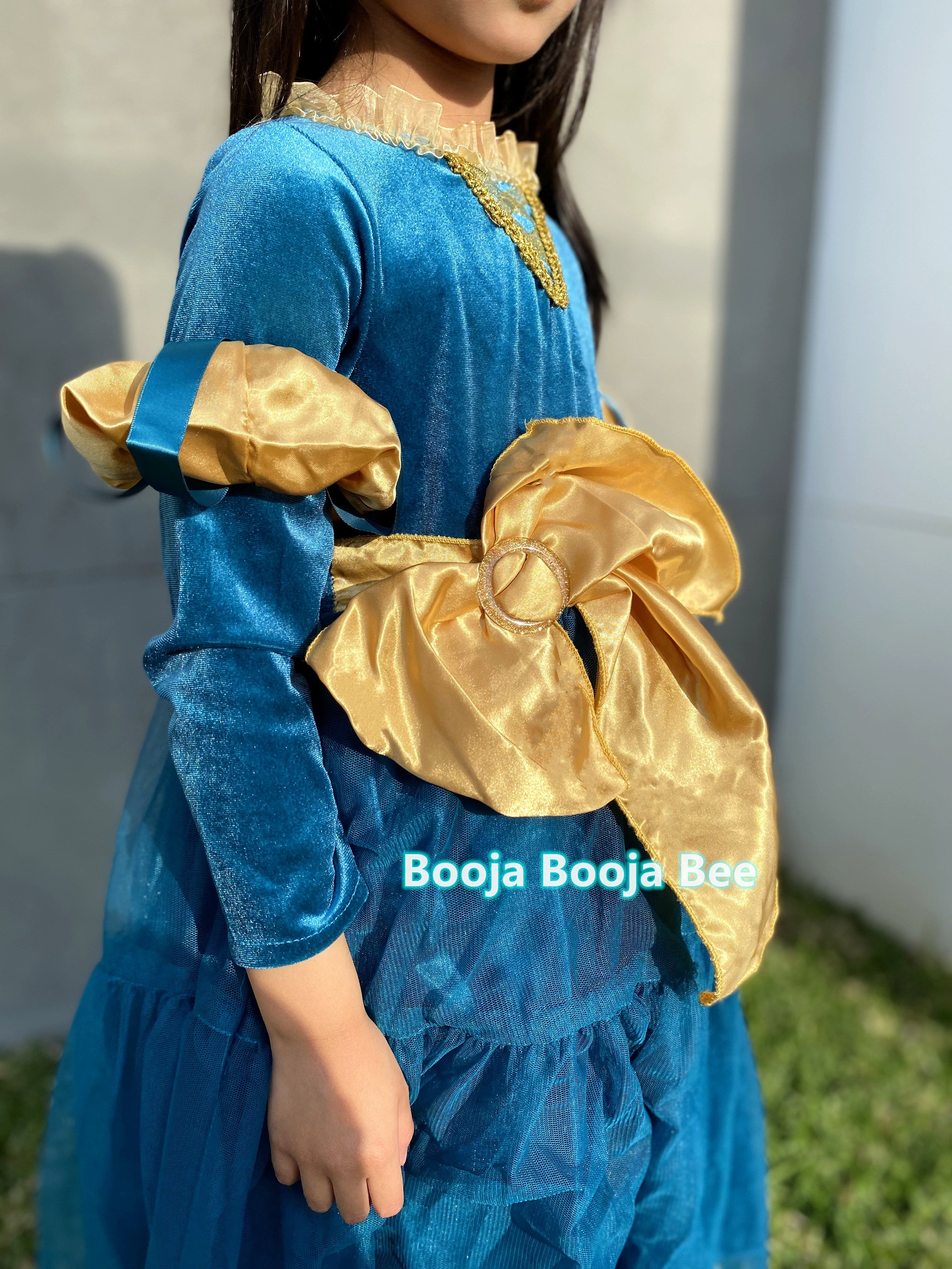 Brave Merida deluxe velvet costume, Princess party dark gold ribbon dress