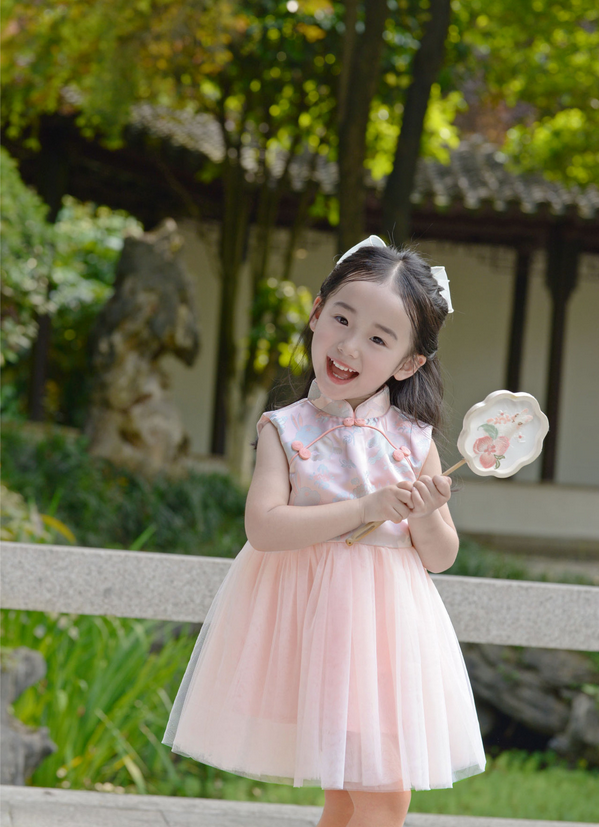 Six palaces beauty sleeveless Qipao girls dress, Pink modern Chinese outfits