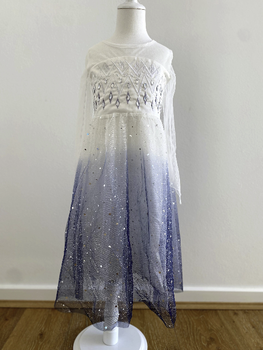 Frozen Elsa white long sleeves costume dress, Princess snowflakes cape themed birthday party