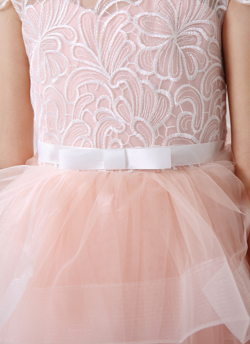 Pink flower girls V-neck lace embroidery princess gown, Girls evening gown