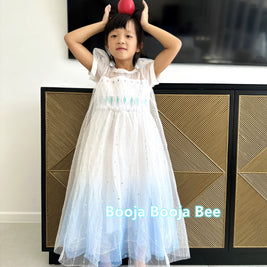 Frozen Princess Elsa ombre puff sleeves dress, Girls birthday queen party sequins tulle