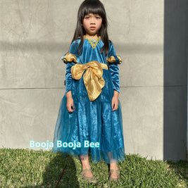 Brave Merida deluxe velvet costume, Princess party dark gold ribbon dress