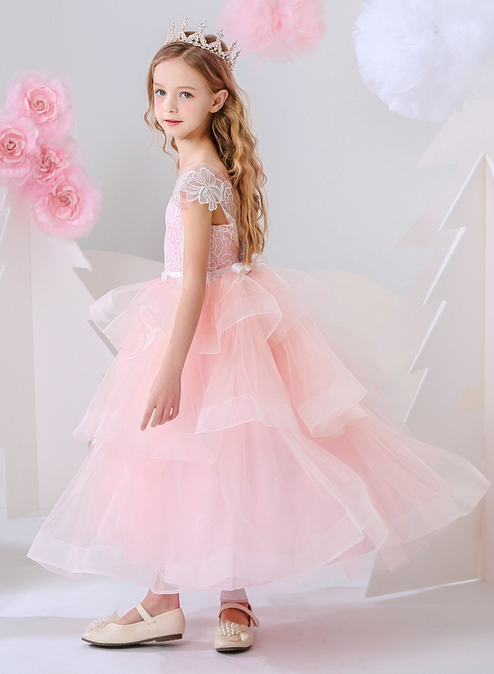 Pink flower girls V-neck lace embroidery princess gown, Girls evening gown
