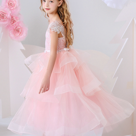 Pink flower girls V-neck lace embroidery princess gown, Girls evening gown