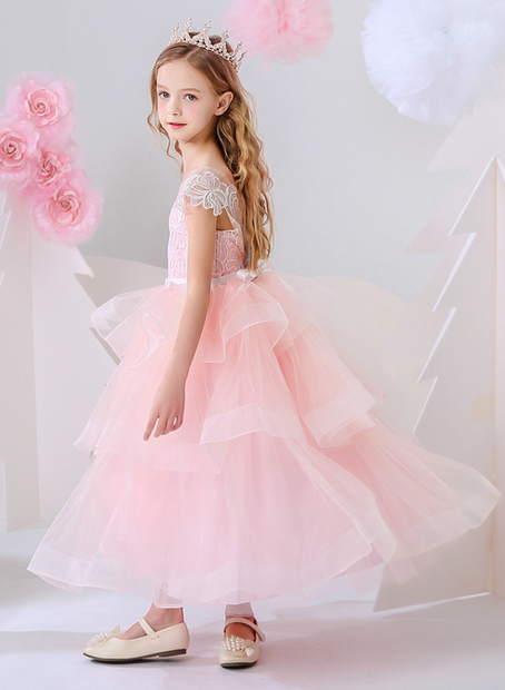 Pink flower girls V-neck lace embroidery princess gown, Girls evening gown
