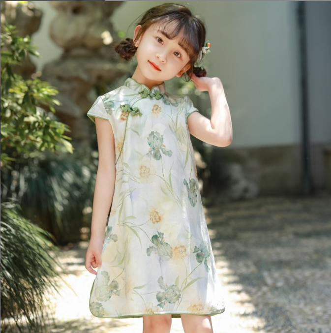 Pastel green floral imitation silk Qipao dress, Chinese traditional kids wear Cheongsam