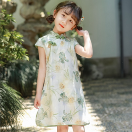 Pastel green floral imitation silk Qipao dress, Chinese traditional kids wear Cheongsam