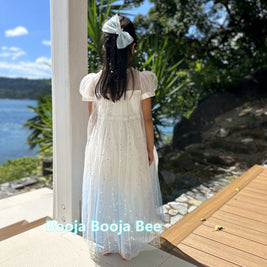 Frozen Princess Elsa ombre puff sleeves dress, Girls birthday queen party sequins tulle
