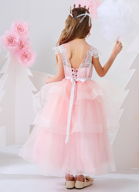 Pink flower girls V-neck lace embroidery princess gown, Girls evening gown
