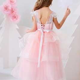 Pink flower girls V-neck lace embroidery princess gown, Girls evening gown