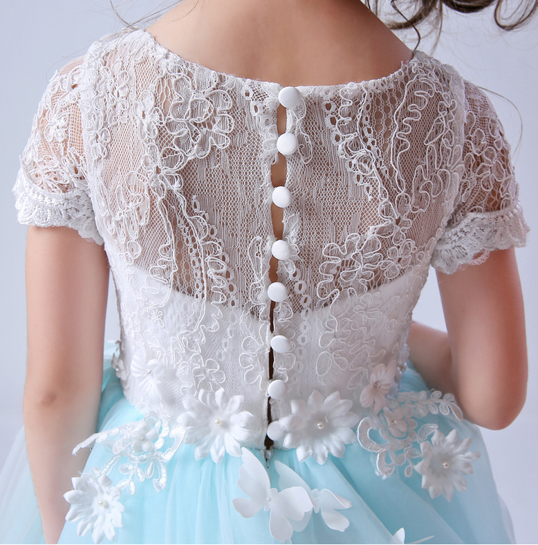3D white butterflies embroidery blue tulles gown dress