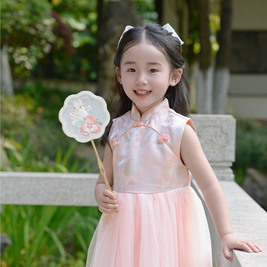 Six palaces beauty sleeveless Qipao girls dress, Pink modern Chinese outfits