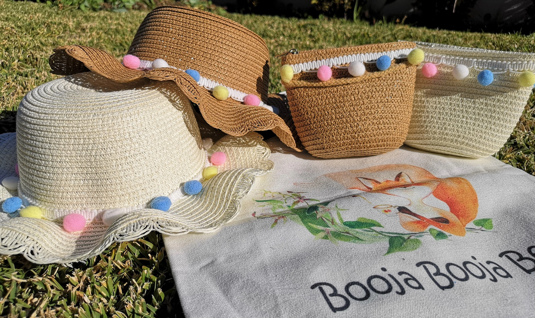 Braided raffia straw wicker kids sun hat and shoulder bags (1 sets)