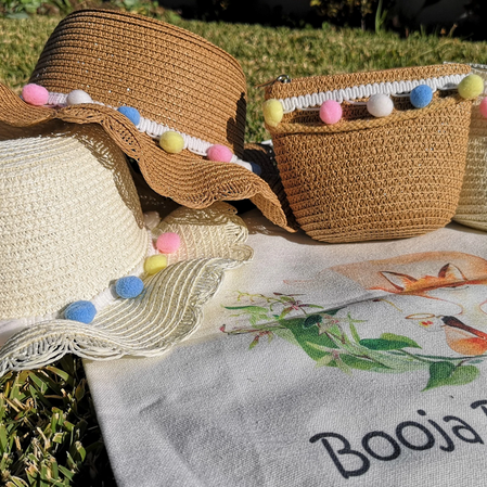 Braided raffia straw wicker kids sun hat and shoulder bags (1 sets)
