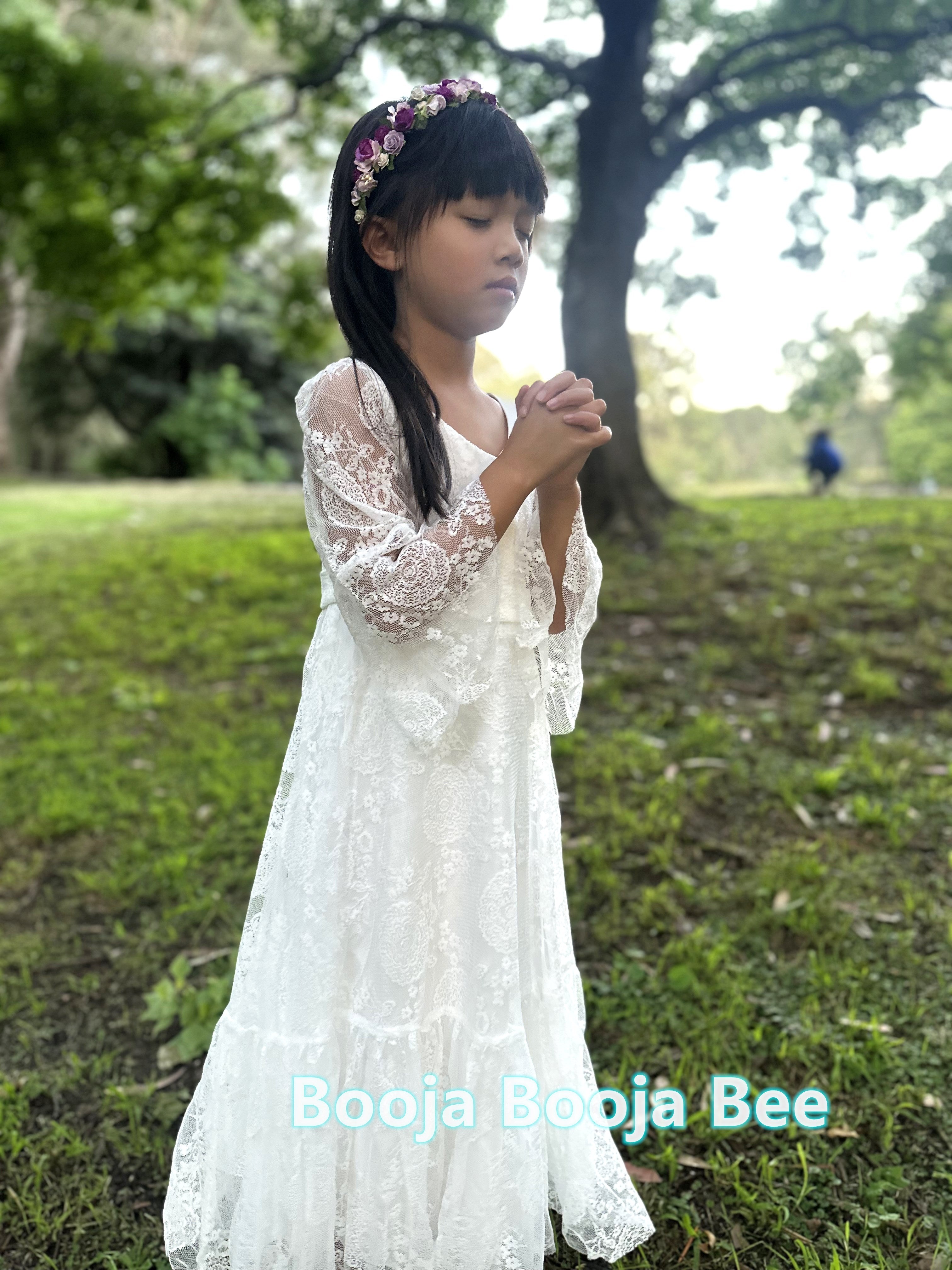 Ivory White Lace Flower Girl Dress – Bohemian Christening Lace Gown