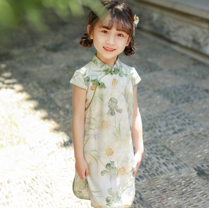 Pastel green floral imitation silk Qipao dress, Chinese traditional kids wear Cheongsam