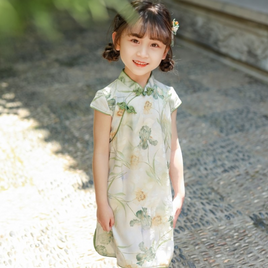 Pastel green floral imitation silk Qipao dress, Chinese traditional kids wear Cheongsam